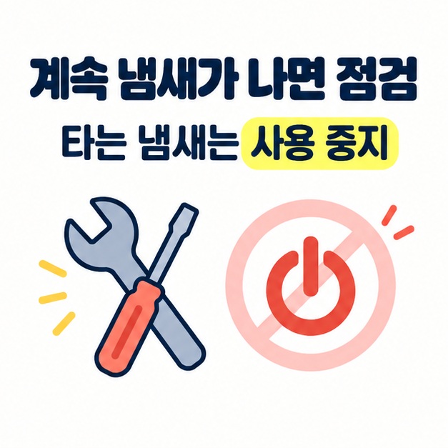 반복되는 냄새는 점검하고 타는 냄새는 사용을 멈추라는 안내 일러스트
