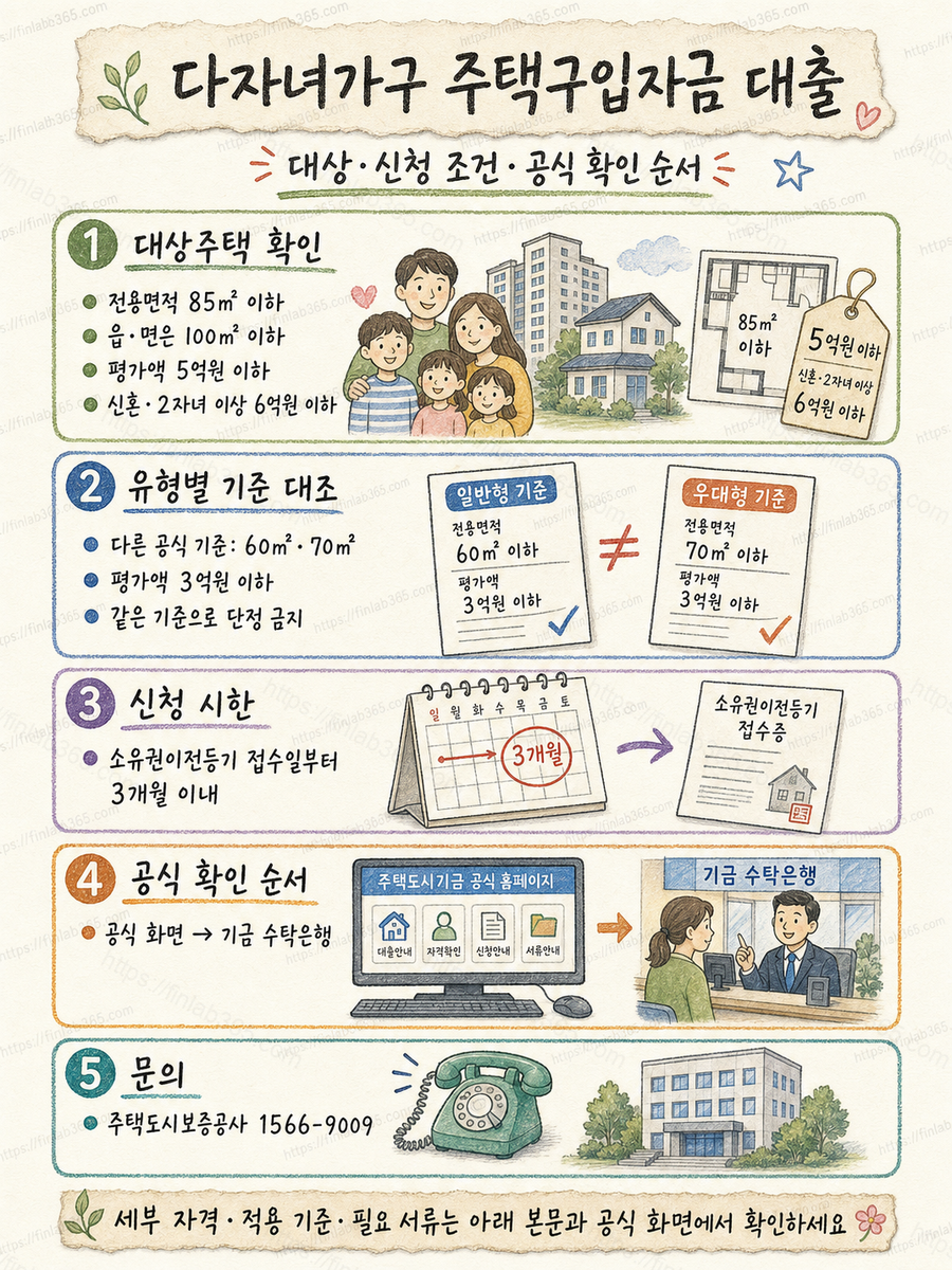 다자녀가구 주택구입자금 대출 지원 대상과 신청 조건, 공식 확인 순서의 지원 대상과 신청 절차, 공식 문의처를 깨끗한 한지 질감의 손그림으로 정리한 인포그래픽