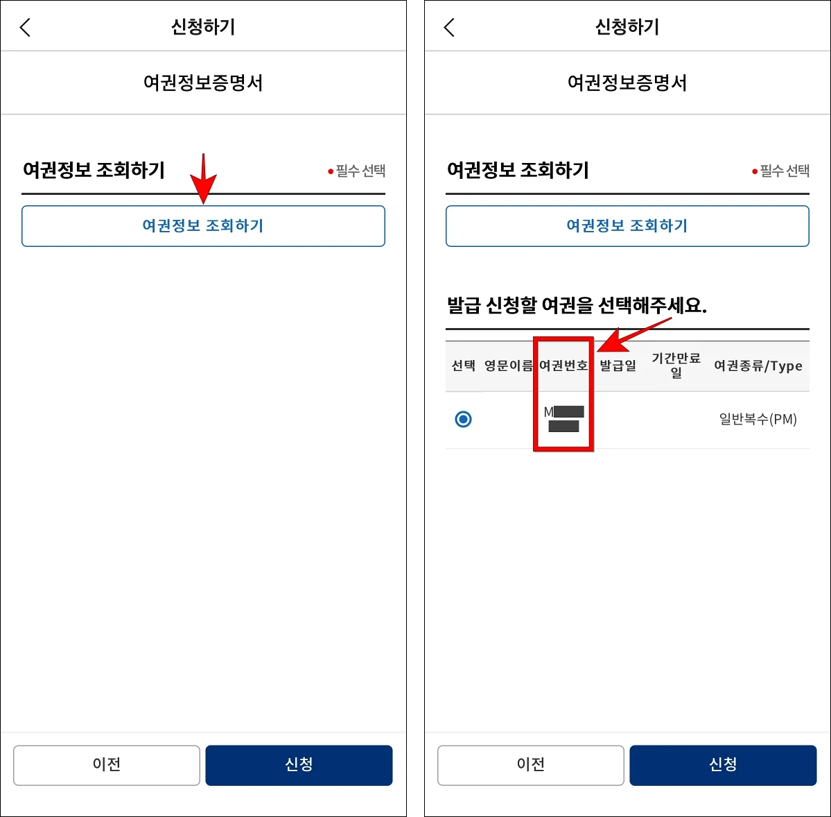 여권정보 조회하기 버튼을 선택한 후 조회된 여권 정보를 통해 여권번호를 확인