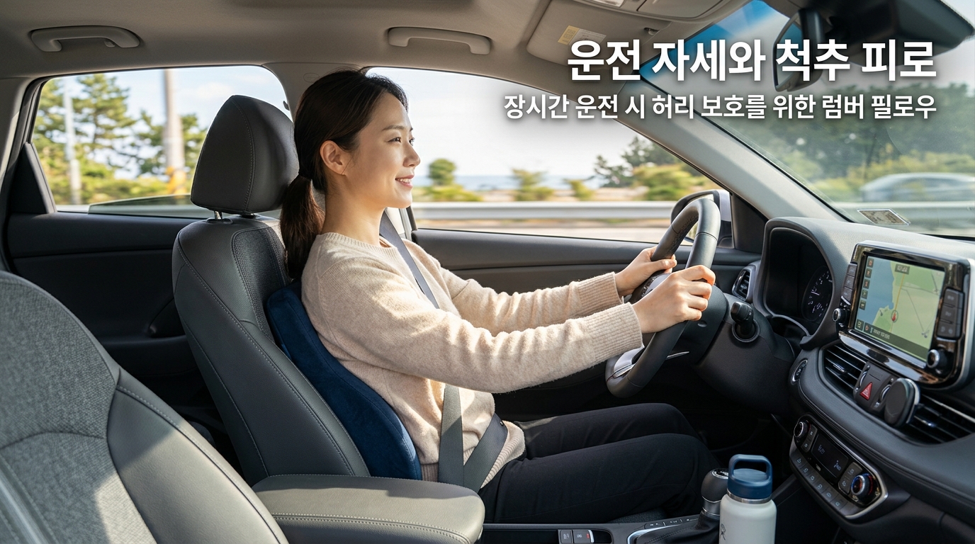 햇살이 비치는 아늑한 자동차 운전석 내부의 모습. 인체공학적 허리 쿠션(럼버 필로우)이 운전석 시트에 장착되어 허리를 편안하게 받쳐주고 있어, 장시간 운전 시 허리를 보호하는 올바른 셋업의 중요성을 시각화함.