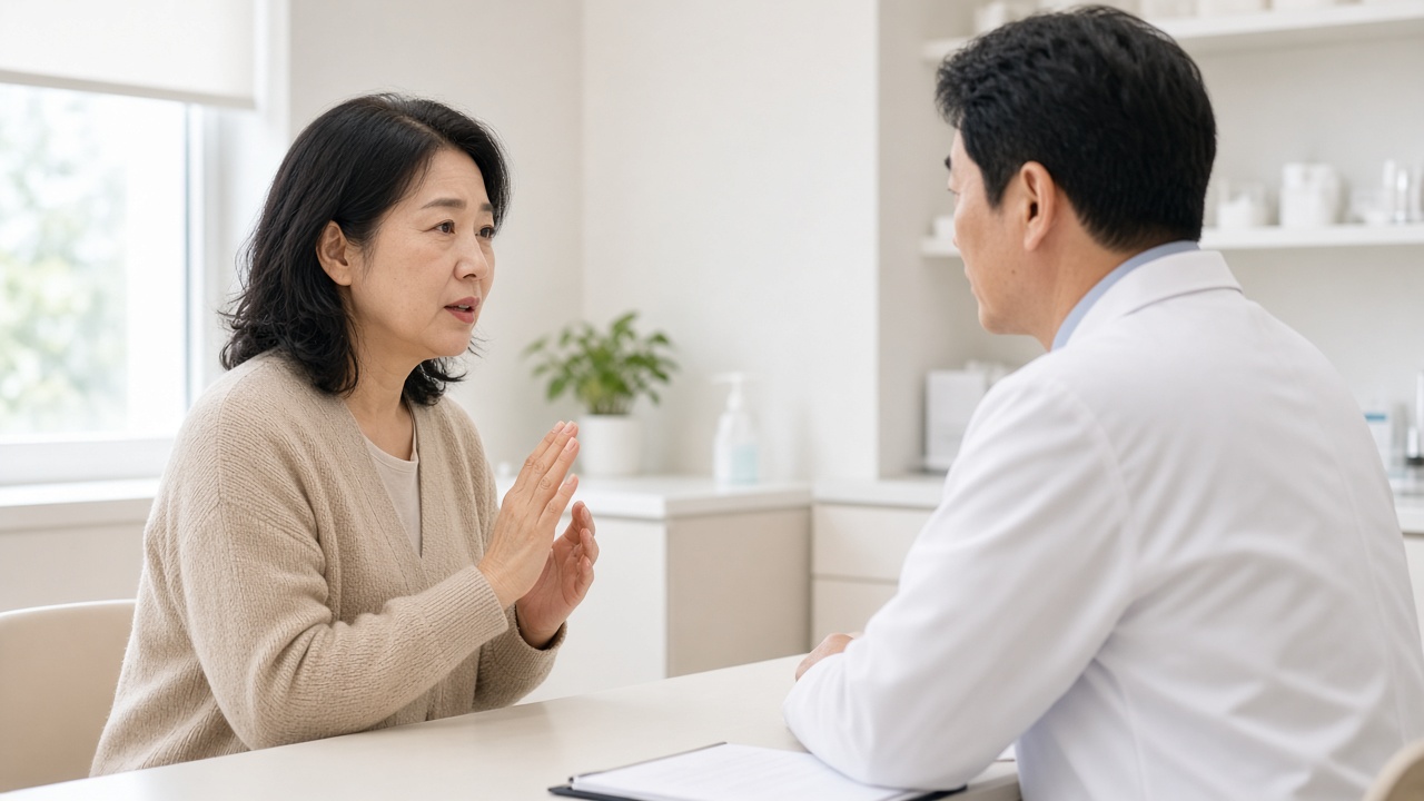 진료실에서 의사에게 발열 증상을 설명하는 50대 한국인 여성