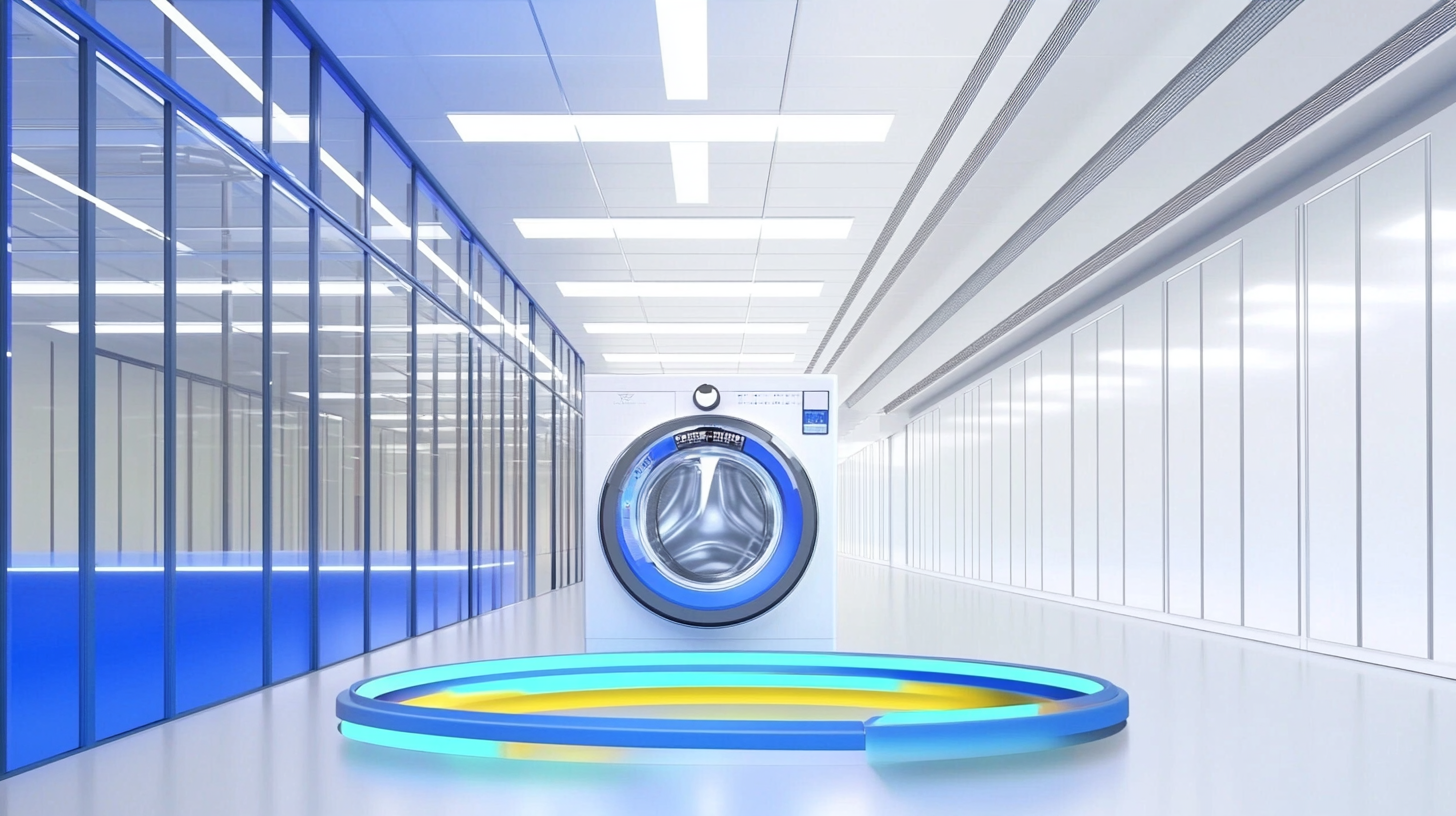 청정한 환경에서 제트 세탁과 친환경 기능을 갖춘 현대적인 세탁 기술이 적용된 세탁기가 표현되었습니다.