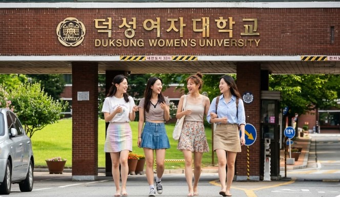 맛집 이야기를 하며 즐거운 표정으로 걷는 학생들