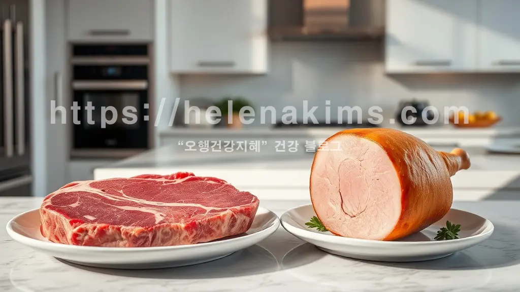 왼쪽에는 소고기 등심 스테이가 놓여 있고, 오른쪽에는 돼지고기 안심 구이가 하얀 접시에 놓여 있는 이미지.