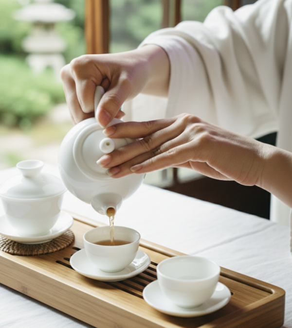 찻잔에 차를 따르는 여자. 테이블 위에는 다완과 찻잔 2개가 있다.
