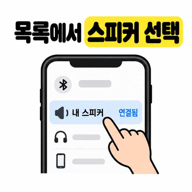 휴대폰 기기 목록에서 내 스피커를 선택하고 연결됨 상태를 확인하는 모습