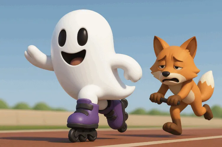 Phantom 유령 캐릭터가 롤러블레이드를 타고 앞서가고, MetaMask 여우 캐릭터가 힘겹게 따라가는 모습의 3D 픽사풍 이미지. 이 이미지는 Solana 지갑 Phantom의 직관성과 속도를 시각적으로 표현하며, 블로그의 지갑 비교 및 실사용 가이드를 설명함 (phantom vs metamask, solana wallet image)