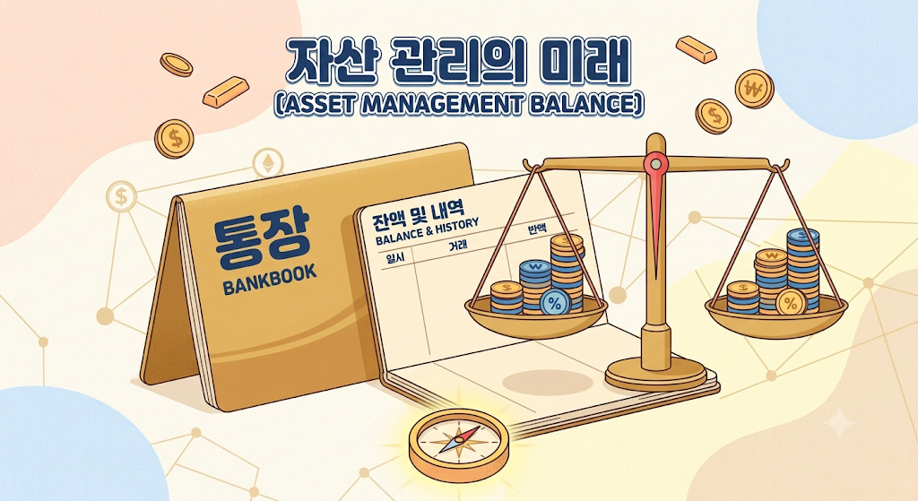 월배당 통장과 저울, 그 위에 쌓인 동전 더미를 함께 그린 경제 일러스트