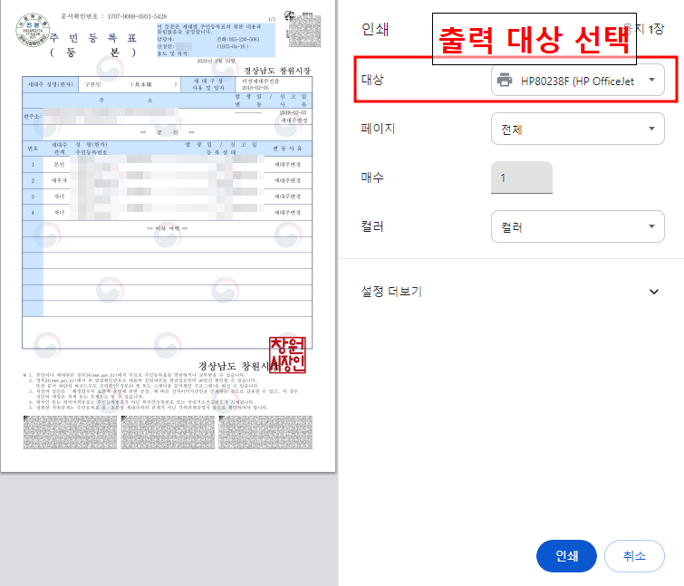 출력대상 선택