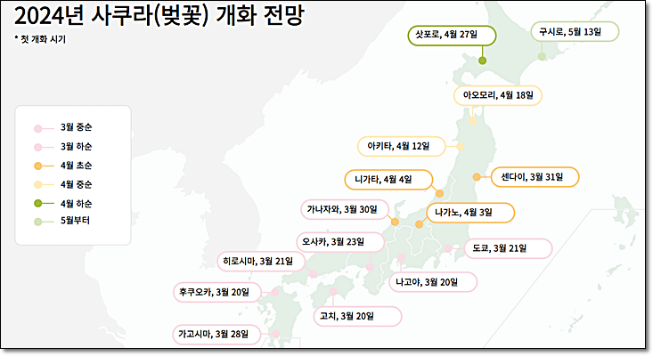 일본 벚꽃 개화시기 (출처:일본관광국)