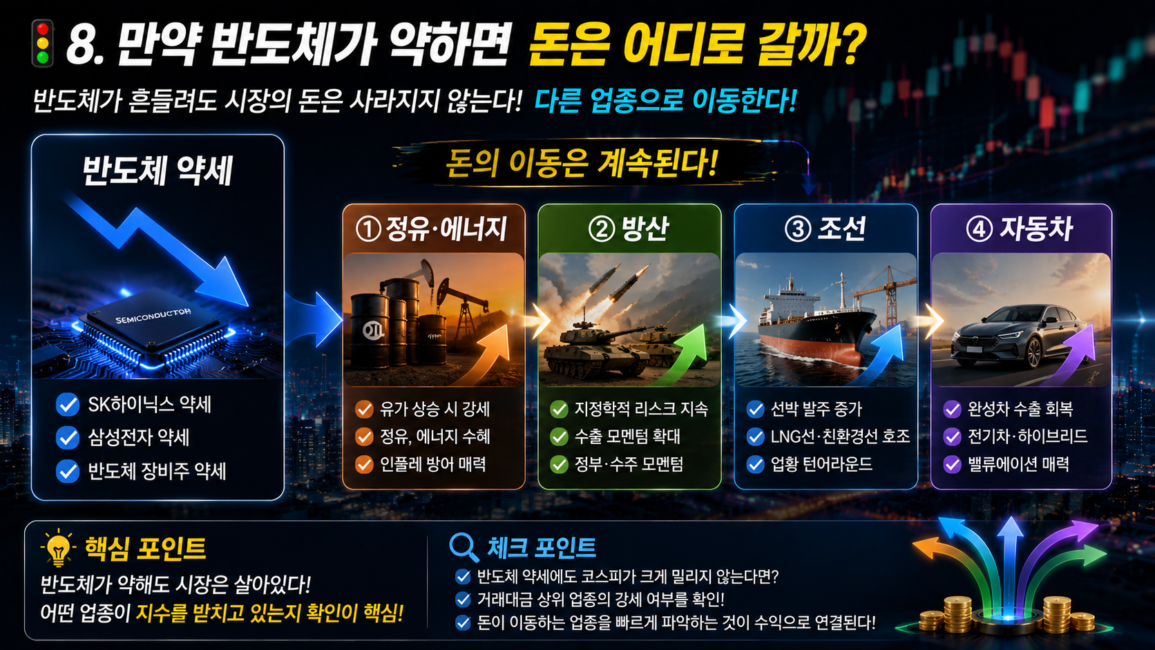 반도체 약세 시 돈의 이동 정유 에너지 방산 조선 자동차 섹터 로테이션 한국 증시 전망