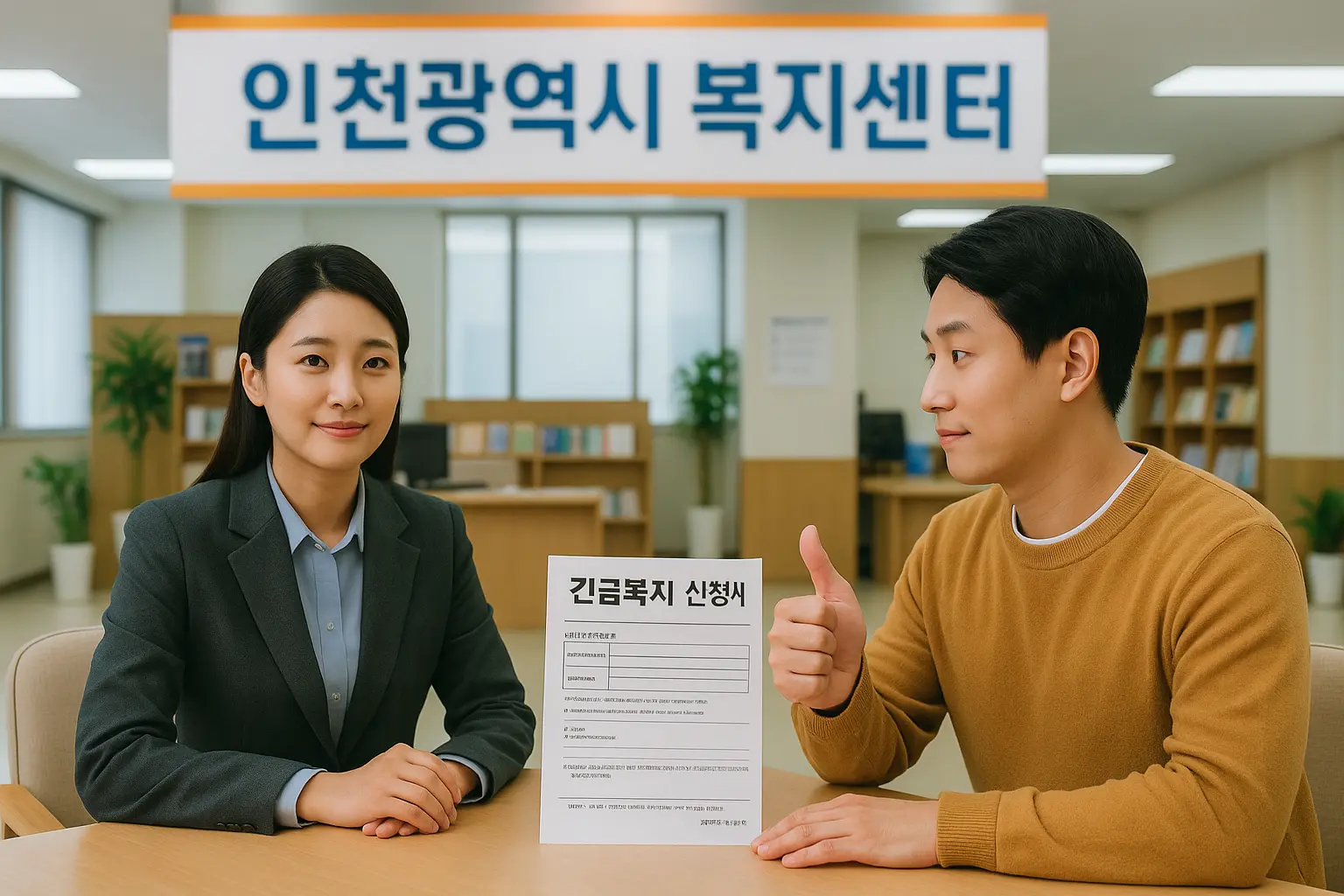 인천광역시 복지센터에서 긴급복지 신청 상담을 받는 남성과 담당자의 모습