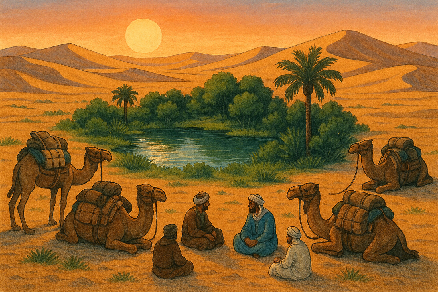 해질녘 오아시스에서 쉬는 사람들과 낙타들 일러스트