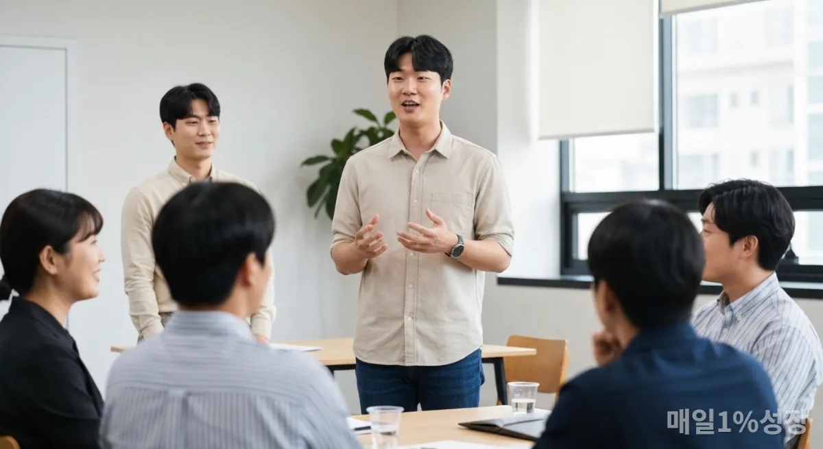 회의실에서 자신감 있게 발표하는 젊은 한국 남성