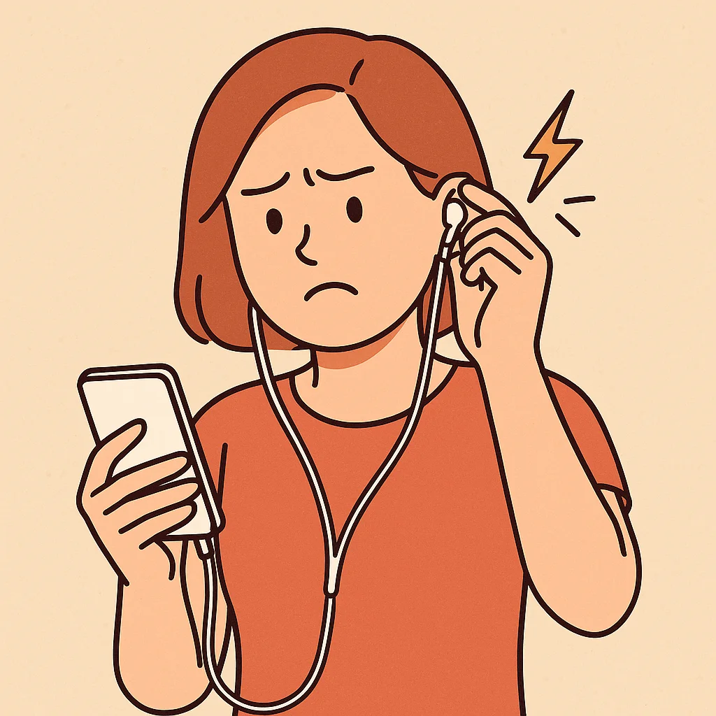 이어폰 한쪽이 작동하지 않아 불편해하는 여성이 스마트폰을 들고 귀를 만지고 있는 모습의 일러스트.