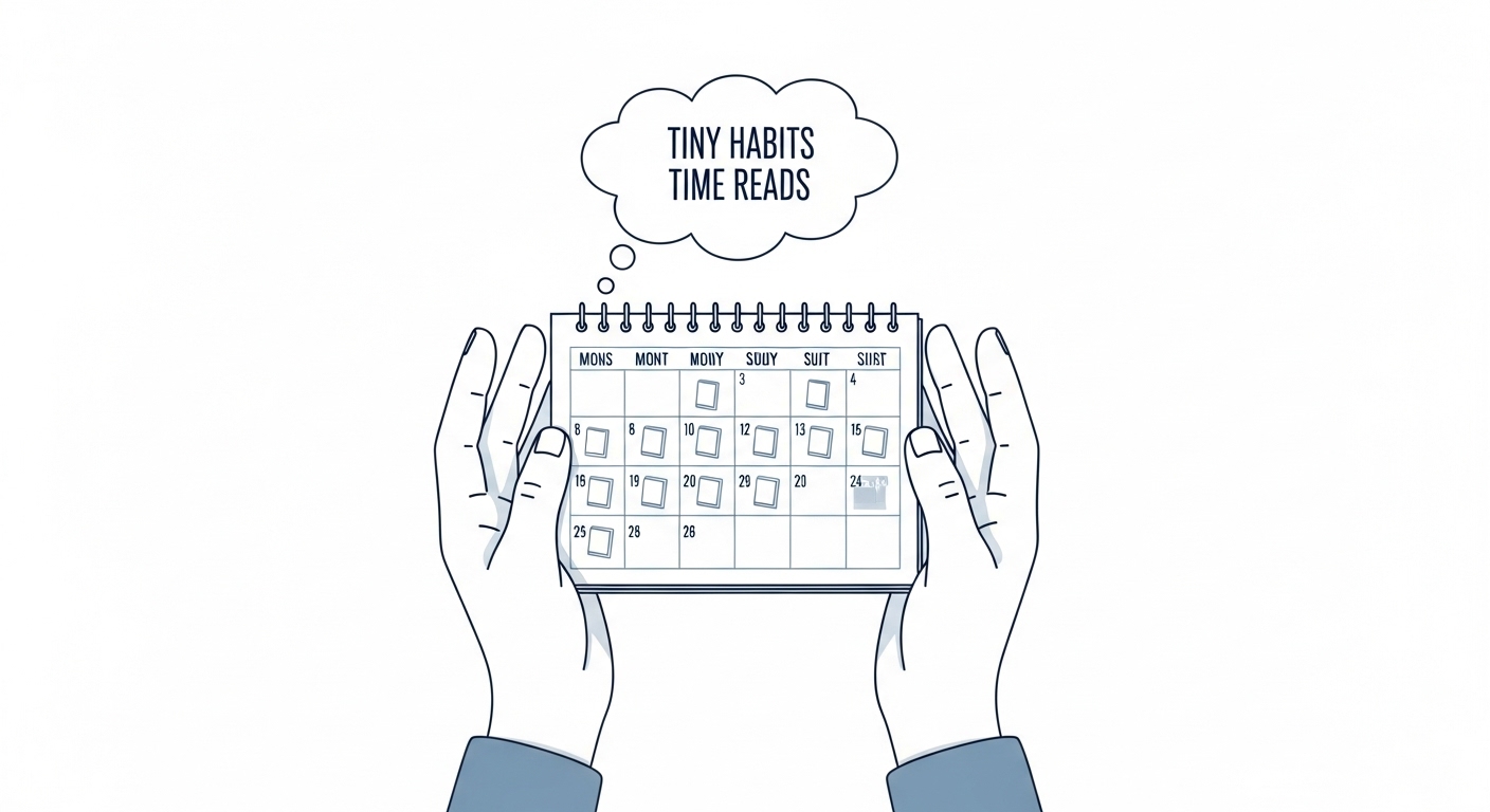 달력에 짧은 독서 시간을 표시하는 모습. 일상 속 자투리 시간을 활용한 독서 습관 형성을 시각적으로 보여줍니다.