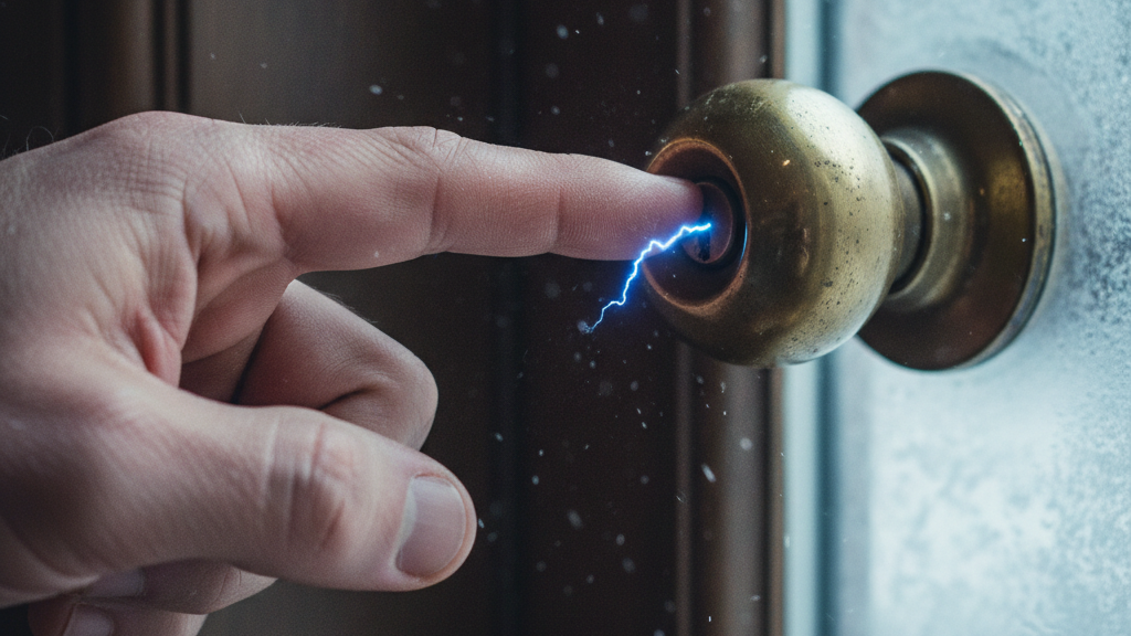 건조한 손가락 끝에서 금속 문고리로 정전기 스파크가 튀는 역동적인 순간