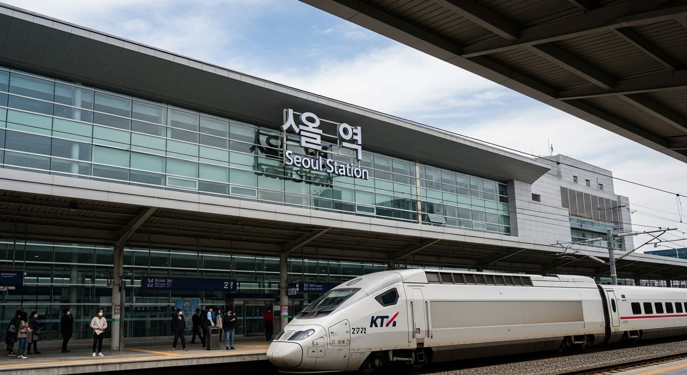 서울역 외부 전경과 SRT열차의 정차 모습