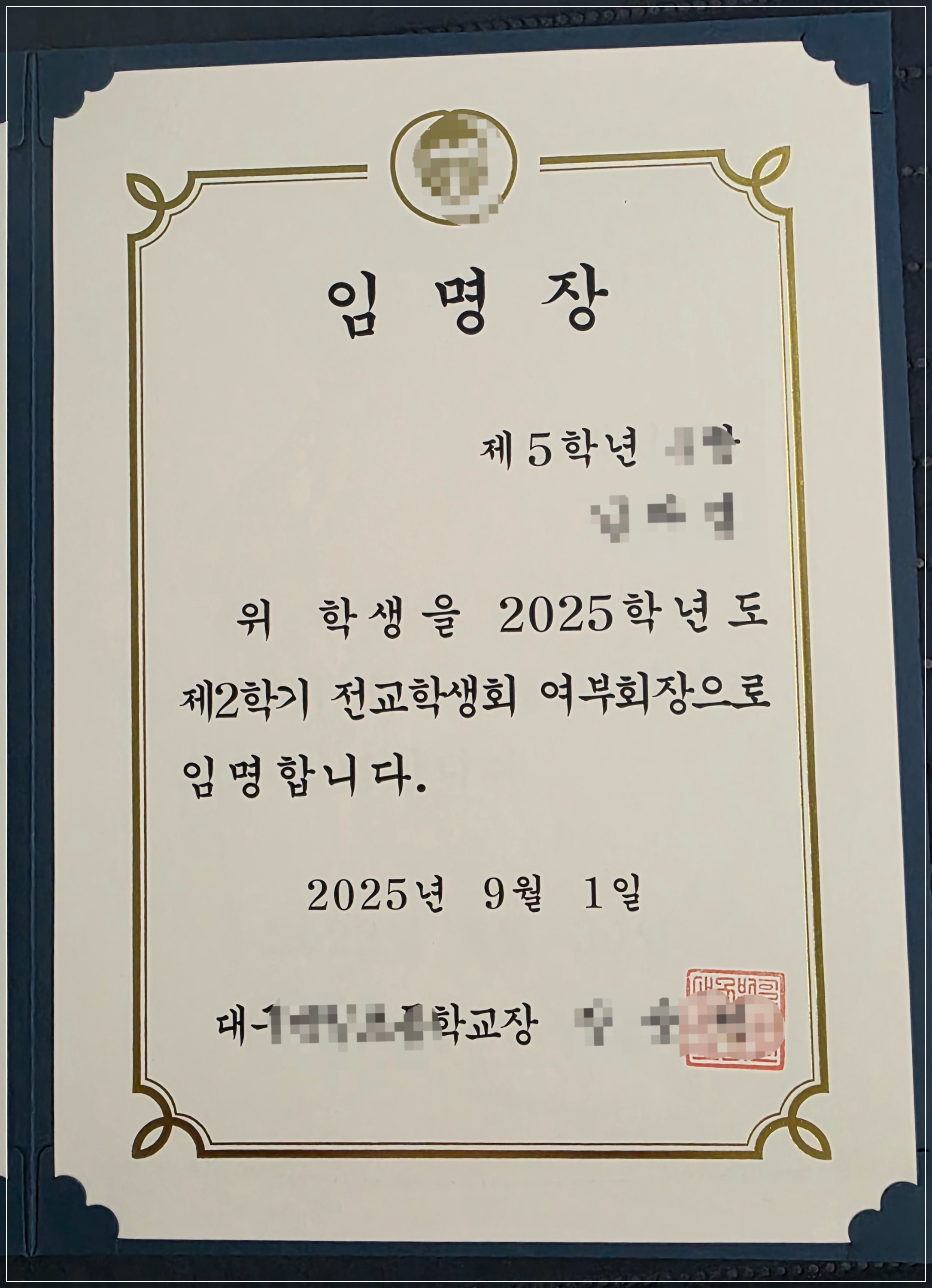전교 부회장 임명장