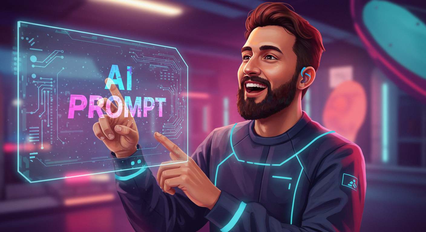 An illustrated futuristic scene of a man is looking into the AI interface screen displaying "AI Prompt".