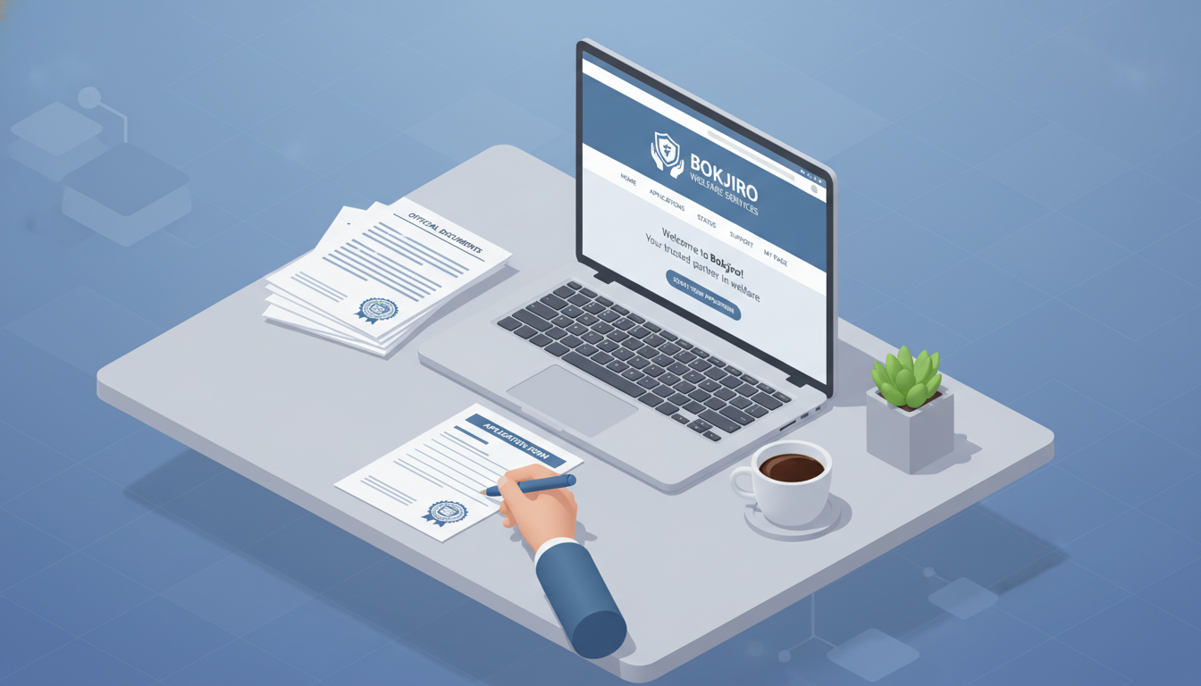 노트북과 정부 복지 지원금 신청 서류가 놓여진 깔끔한 책상의 모습