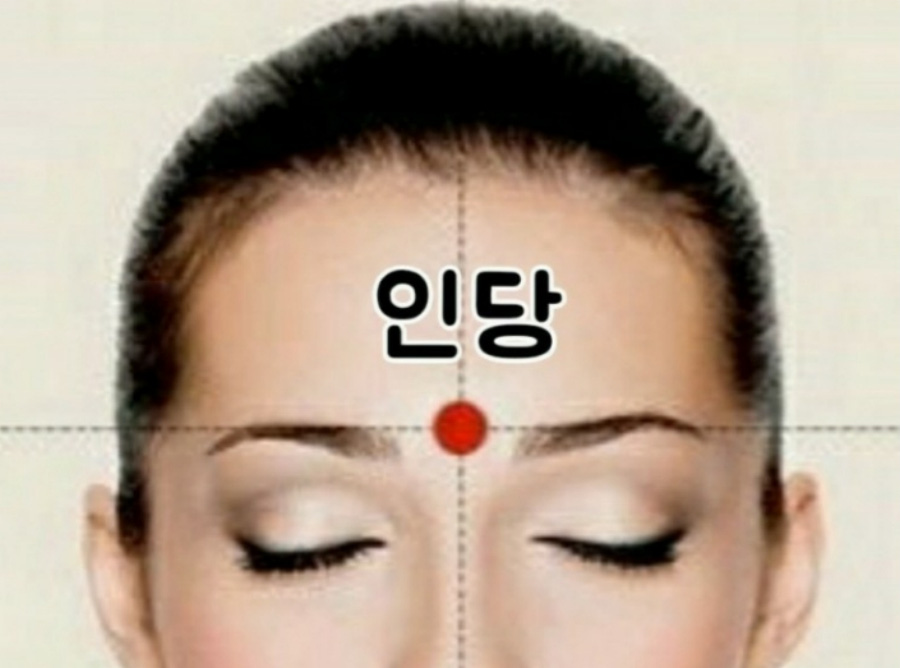 인체의 365혈 중에서 얼굴의 눈썹 사이 가운데에 위치를 한 인당 경혈의 위치를 빨간 점으로 표시해 놓은 이미지 사진