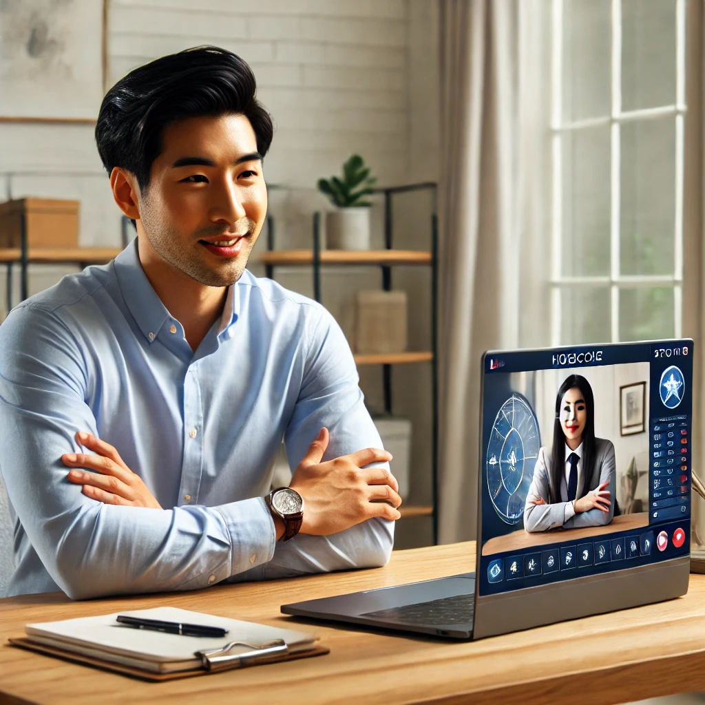 30대 초반의 한국 남성이 현대적인 사무실 책상에 앉아 노트북으로 실시간 운세 상담 플랫폼을 열어 화면에 보이는 전문가와 대화에 몰입하고 있는 모습
