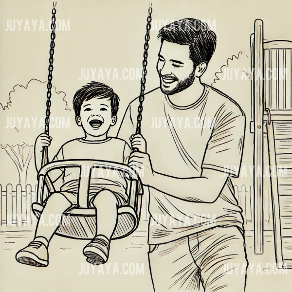 놀이터에서 아빠가 아이의 그네를 밀어주며 함께 웃고 있는 모습&amp;#44; 간단한 배경과 따뜻한 분위기의 스케치 스타일.