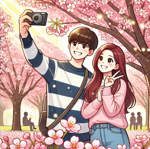 벚꽃을 배경으로 사진 찍는 모습을 표현한 이미지