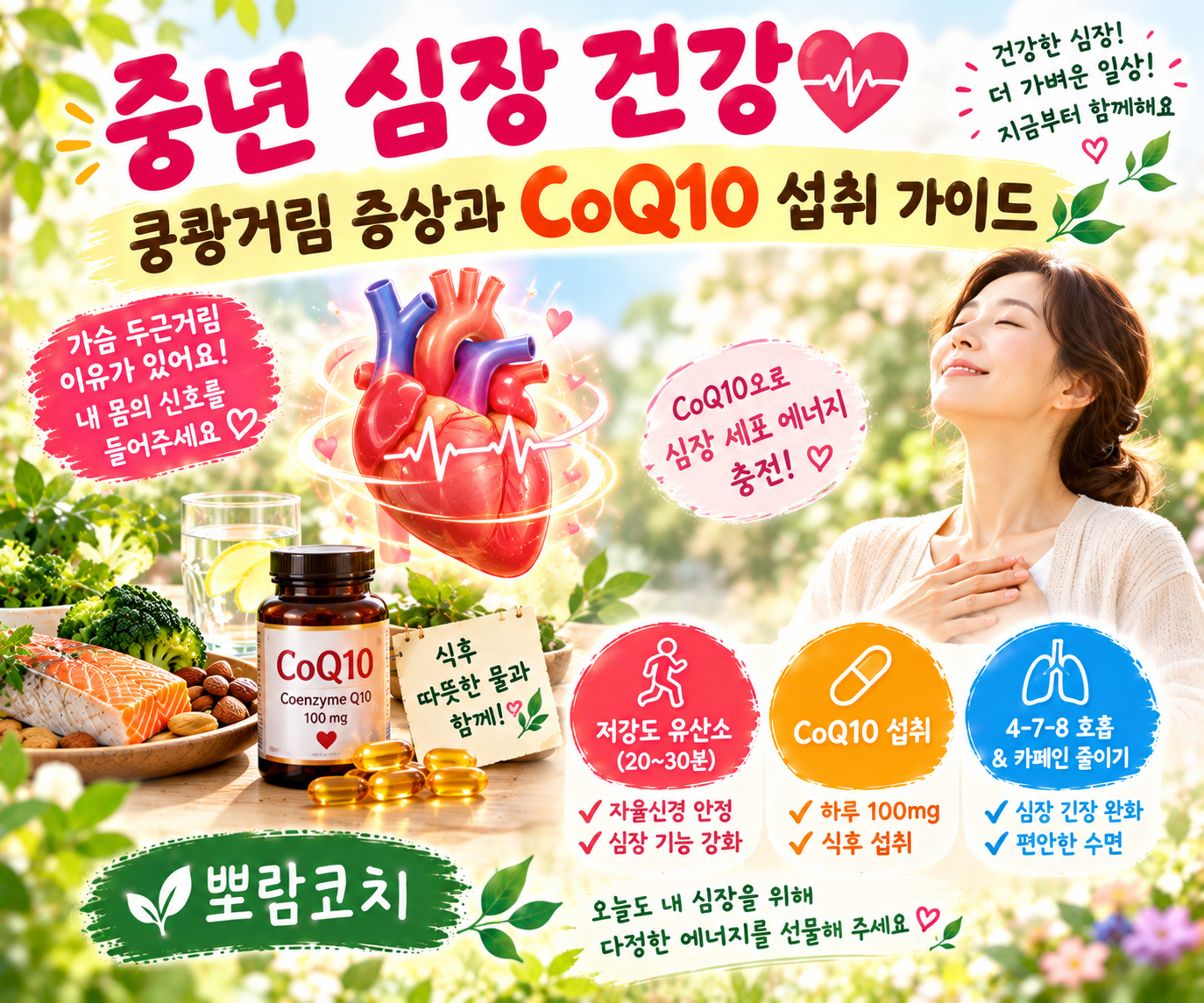 식후 따뜻한 물 한 잔과 함께 심장 건강에 좋은 CoQ10 영양제를 챙기는 정갈한 모습