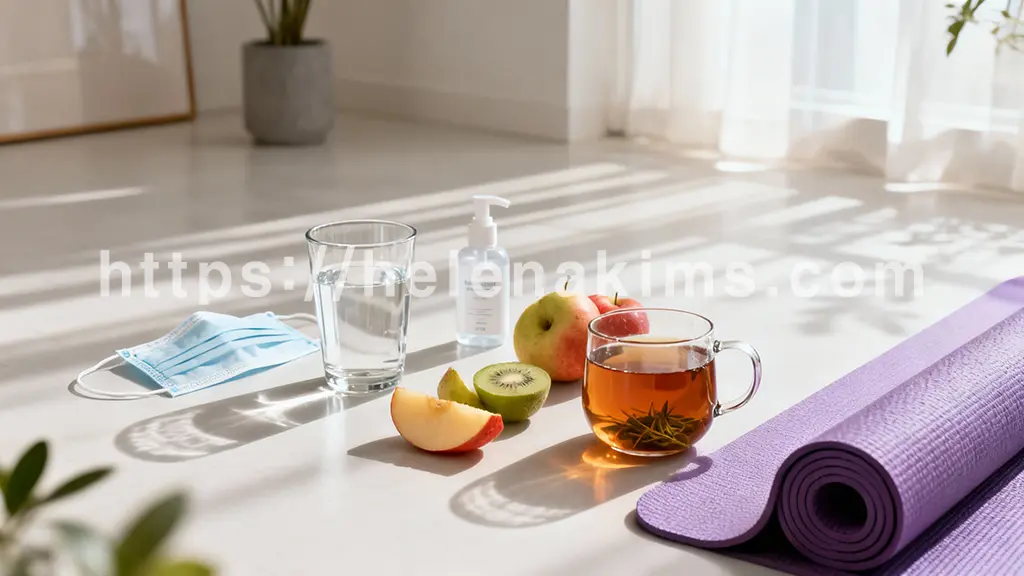 맑은 물이 담긴 투명한 유리컵, 개인 마스크, 손 소독제, 요가 매트의 일부, 따뜻한 허브차가 담긴 머그잔, 그리고 신선한 과일 몇 조각이 조화롭게 배치 된 이미지.