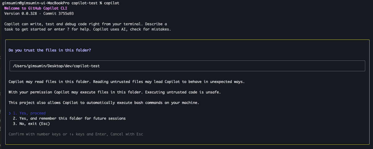 Copilot CLI 설치 후 copilot을 입력한 터미널 화면