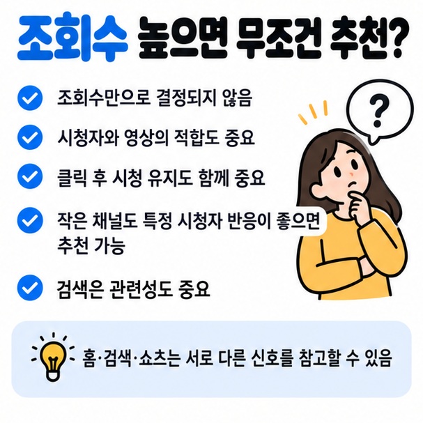 조회수만으로 추천되지 않고 시청자 관심도와 시청 만족도가 중요하다는 점을 보여주는 이미지