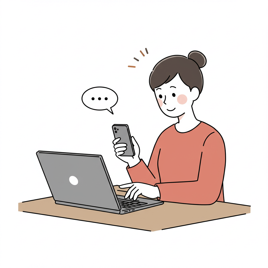 책상에서 노트북과 스마트폰으로 자녀장려금 신청을 진행하는 어머니