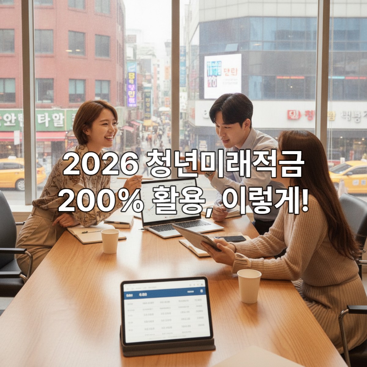 책상에 앉아 노트북과 태블릿을 보며 청년미래적금 정보를 논의하는 한국인 청년 세 명의 모습