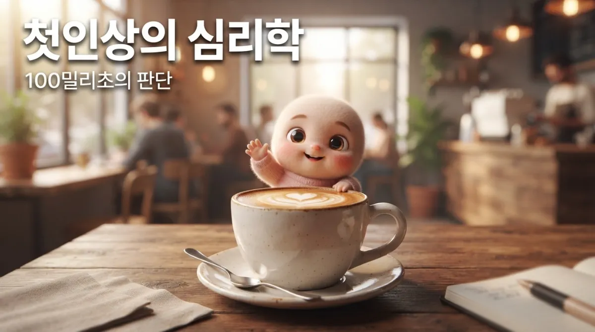 따뜻한 카페에서 커피잔 가장자리에서 손을 흔드는 귀여운 미니미 캐릭터와 한국어 제목 "첫인상의 심리학, 100밀리초의 판단"이 담긴 이미지