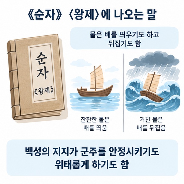 순자 왕제의 물이 배를 띄우기도 뒤집기도 한다는 비유를 보여주는 이미지