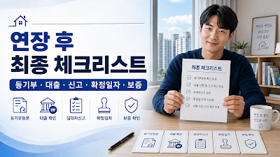 전세계약 연장 처리 후 등기부&middot;대출&middot;임대차 신고&middot;확정일자&middot;반환보증 완료 여부를 확인하는 이미지