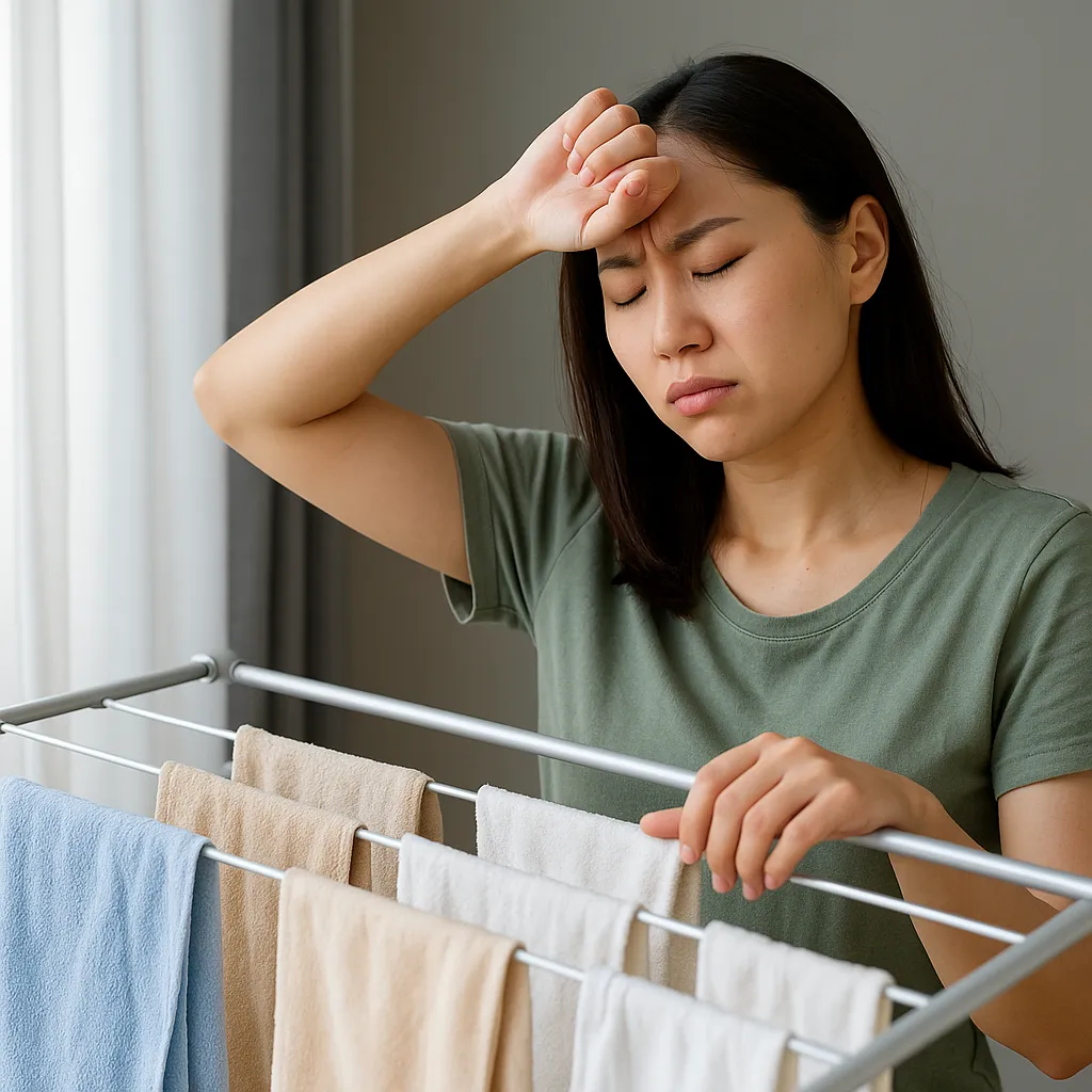 실내에-널어둔-빨래와-그로-인한-눅눅함에-불편한-표정을-짓는-여성의-모습
