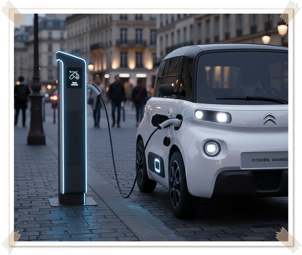 시트로엥 전기 자동차 충전 장면, 친환경 미래 모빌리티 비전