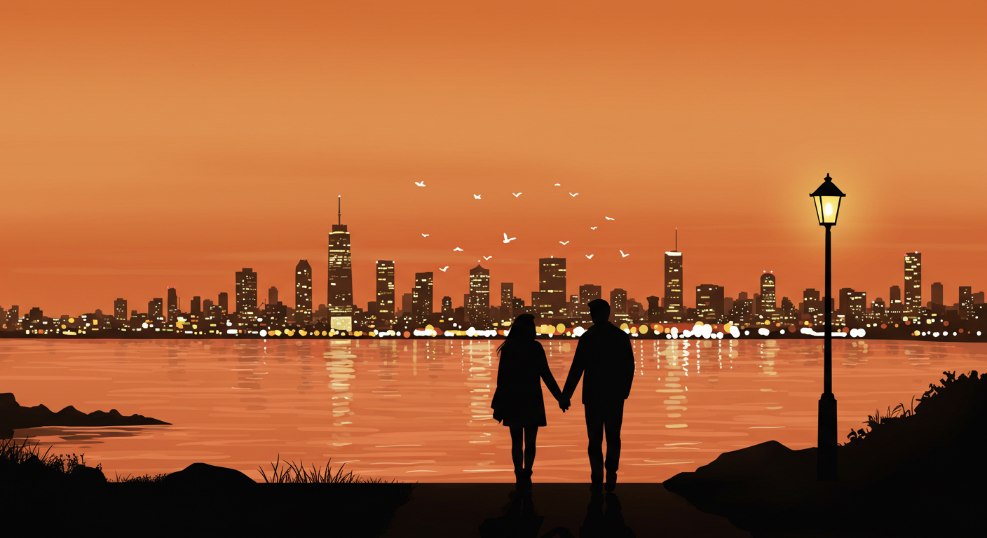 바다와 도시 풍경을 함께 걷는 커플 실루엣