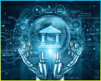 글로벌 네트워크 및 뱅킹 시스템, 금융 서비스 자동화 컴플라이언스 보안 거래, 디지털 플랫폼 리스크 평가 고객 참여, 핀테크 분석 등을 들고 있는 로봇 손.