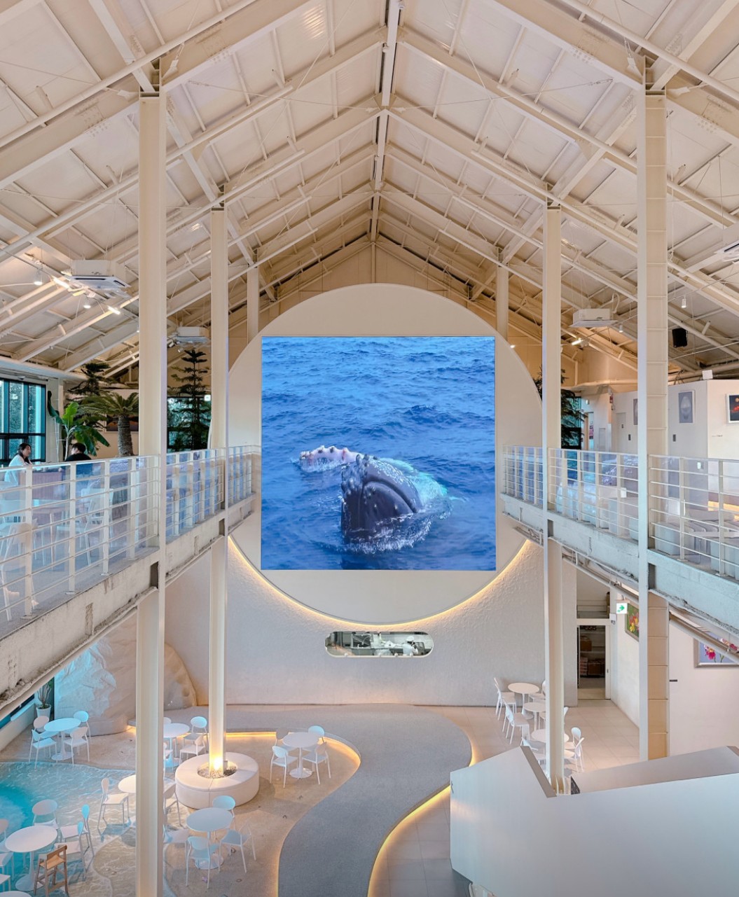 김포 수산공원 카페 내부에 설치된 고래 영상이 나오는 대형 전광판과 감성적인 인테리어 공간
