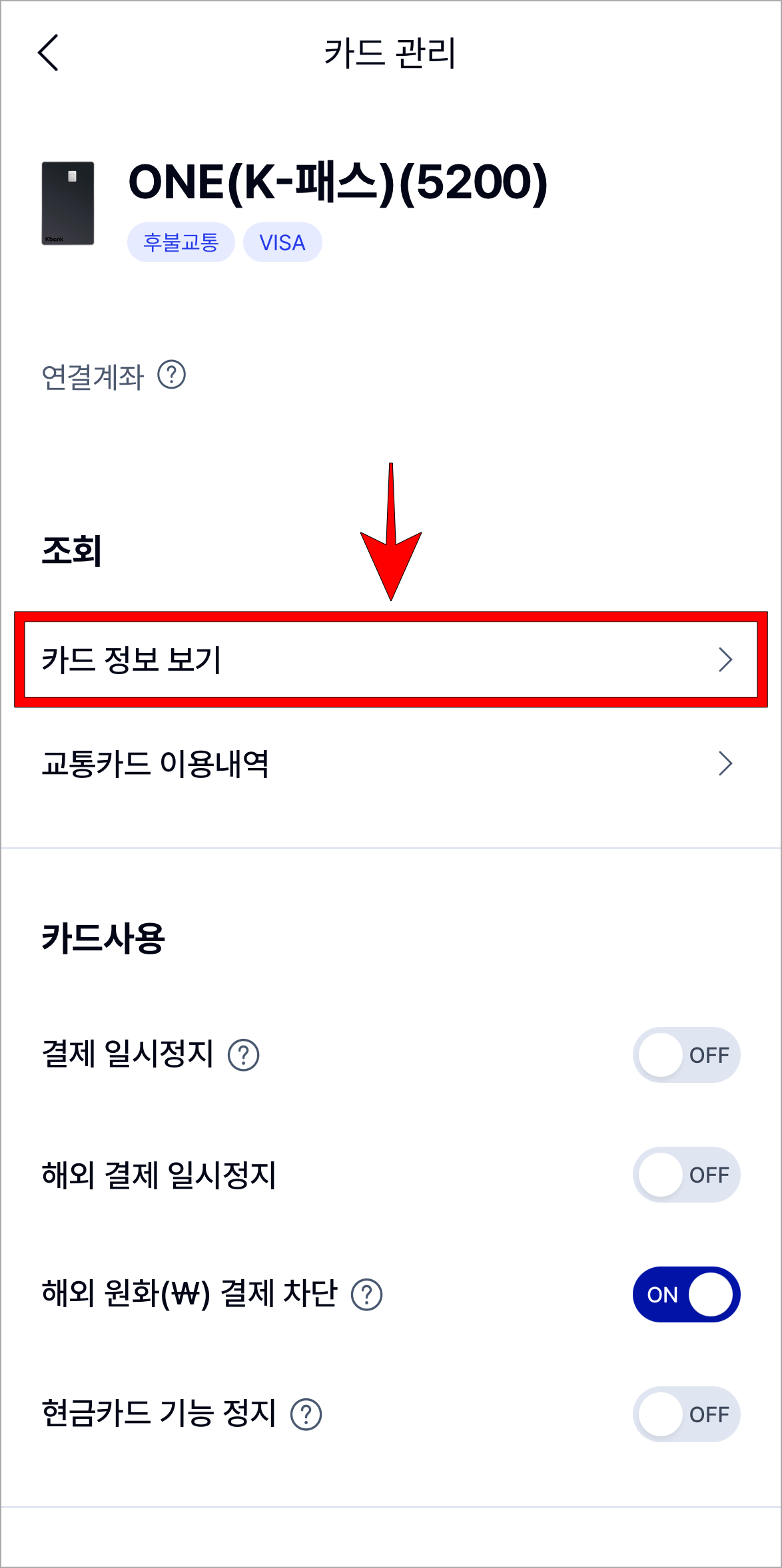 카드 관리에서 '카드 정보 보기'를 선택