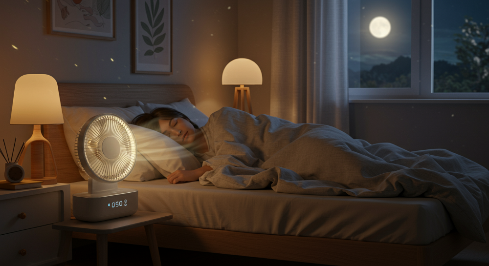 밤에 조용히 작동하는 수면용 선풍기와 함께 평화롭게 잠든 사람의 모습, 쾌적한 숙면 환경을 시각적으로 보여주는 이미지