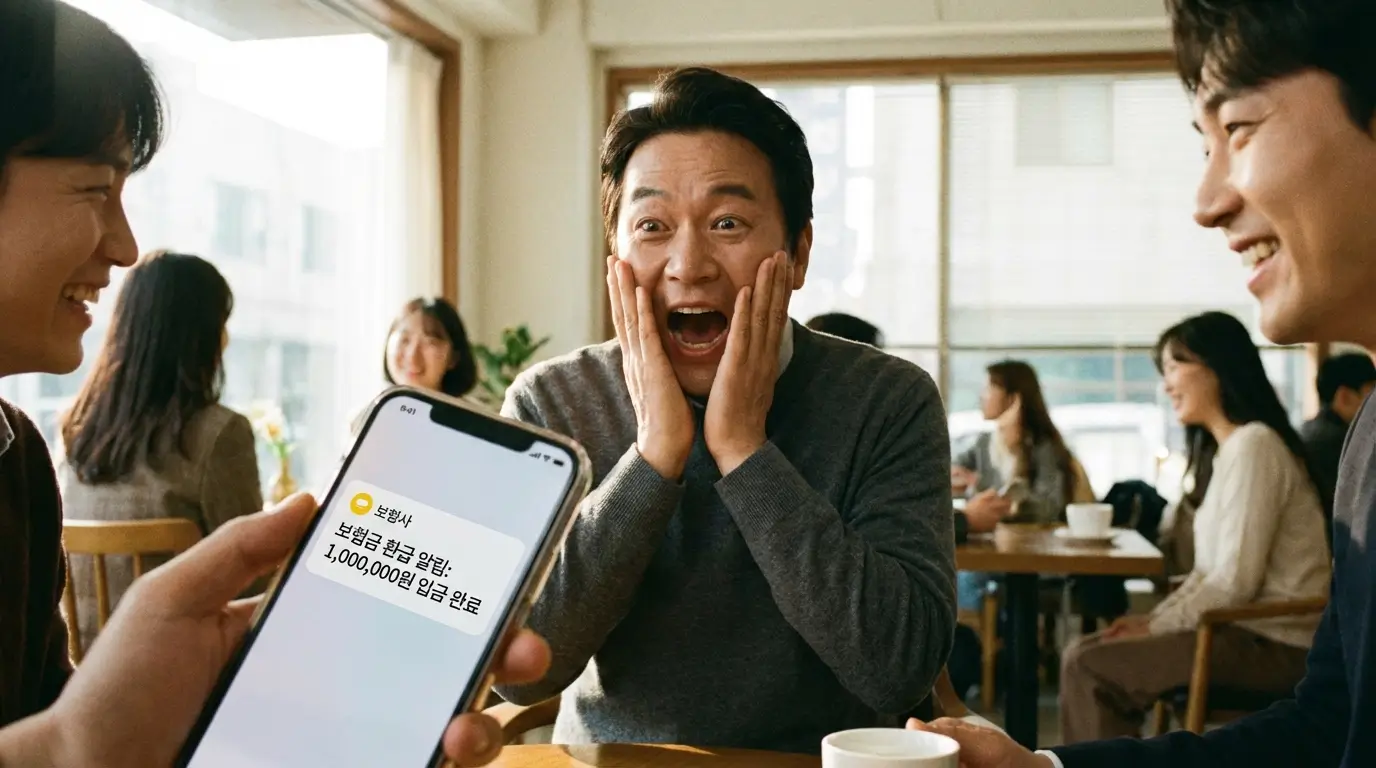 스마트폰 화면에 뜬 보험금 환급액 100만 원 입금 알림을 보고 놀라면서 기뻐하는 사람의 모습