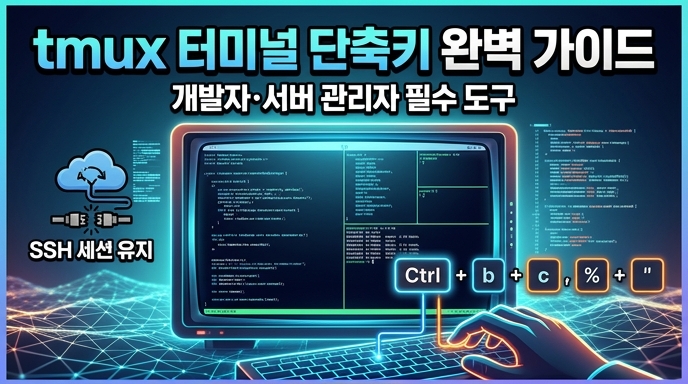 멀티플 터미널 세션과 화면 분할을 시각적으로 보여주는 tmux의 디지털 일러스트 썸네일로, 'tmux 터미널 단축키 완벽 가이드'라는 텍스트가 포함되어 있습니다.