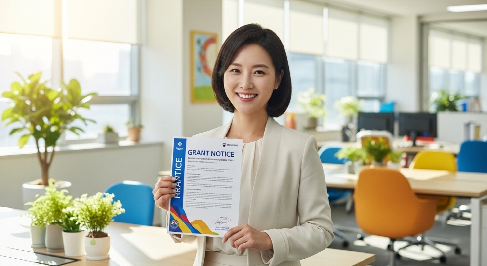 밝은 사무실 배경에서 지원금 공지서를 프린트하는 모습