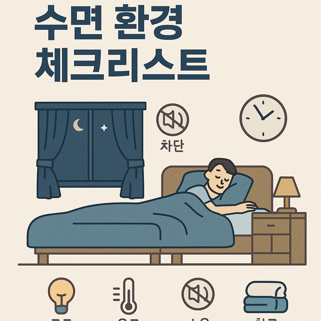 수면 환경을 개선해 숙면을 유도하는 루틴 체크리스트를 소개하는 한국어 인포그래픽 이미지로, 침실 온도, 조명, 소음, 침구 상태 등의 요소가 삽화로 표현된 플랫 스타일 디자인