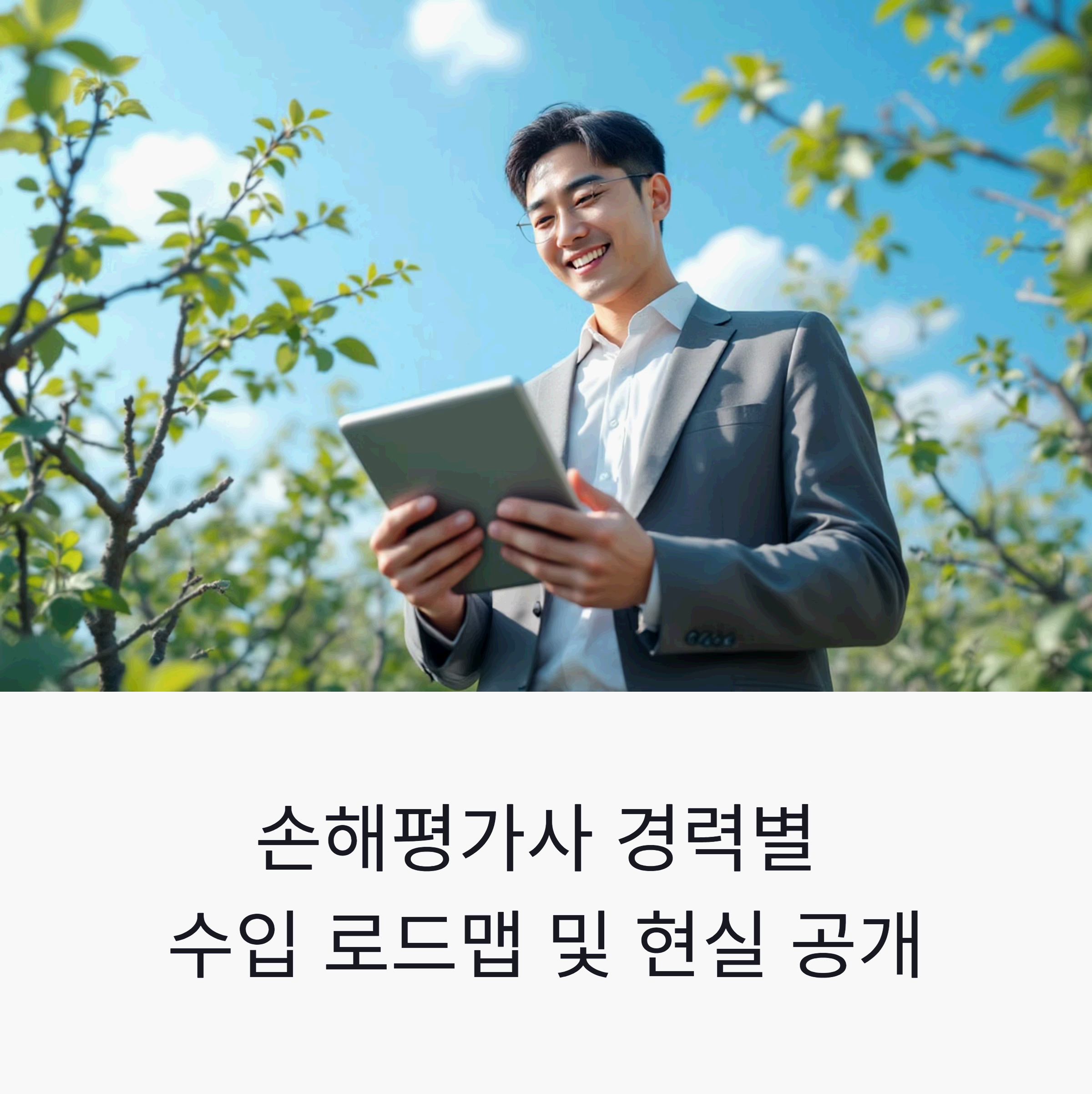 태풍 피해 과수원에서 현장 조사를 하는 손해평가사의 모습, 경력별 수입 정보를 담고 있음.